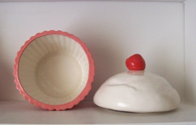 Ceramic Strawberry Pink Cupcake Cookie Jar