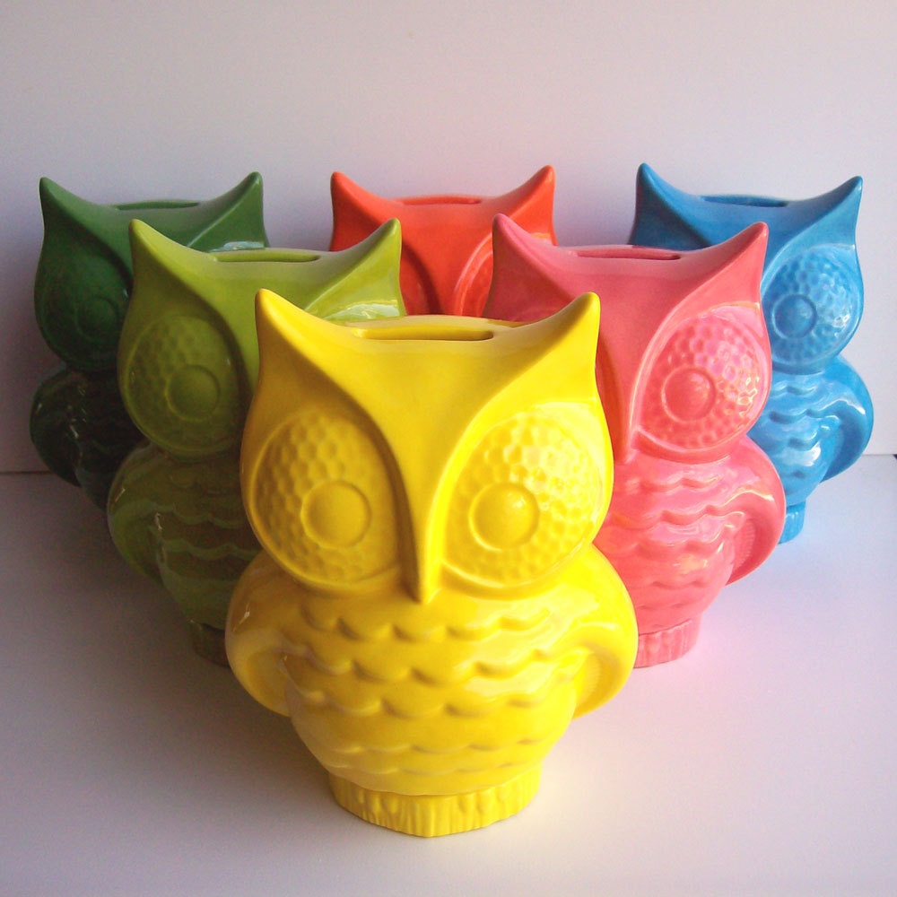 Ceramic Owl Planter Vintage Design Lemon Yellow