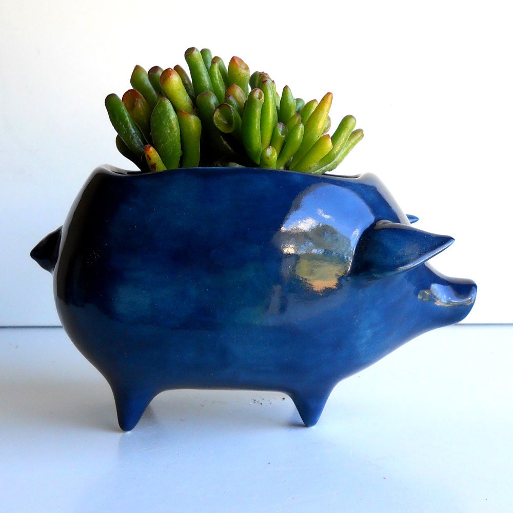 Ceramic Pig Planter Vintage Design in Navy