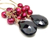 Red & Black Spinel Gemstone Earrings - Cluster Pearl Earrings Red Gold Black Earrings Elegant Jewelry