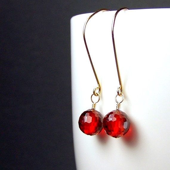 Gold Earrings Red Cubic Zirconia Berry Drop Earrings