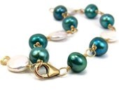 Bracelet Gold Adjustable Teal Green & Cream Pearl Bracelet