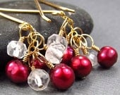 Gold Red Cluster Earrings Red Dangle Earrings Freshwater Cultured Pearsl Crystal Quartz Gemstones Berry Earrings Affordable Gold Jewelry