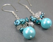 Long Teal Dangle Cluster Earrings Robin''s Egg Blue Dangle Earrings Sterling Silver Chain Turquoise Earrings Teal Wedding
