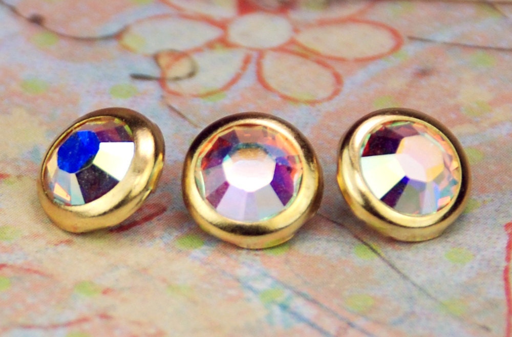 10 Aurora Borealis Crystal Hair Snaps - Round Gold Rim Edition -- Made with Swarovski Crystal Element Rhinestones