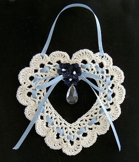 Blue and Ecru Victorian Heart w/ Crystal - FREE SHIPPING