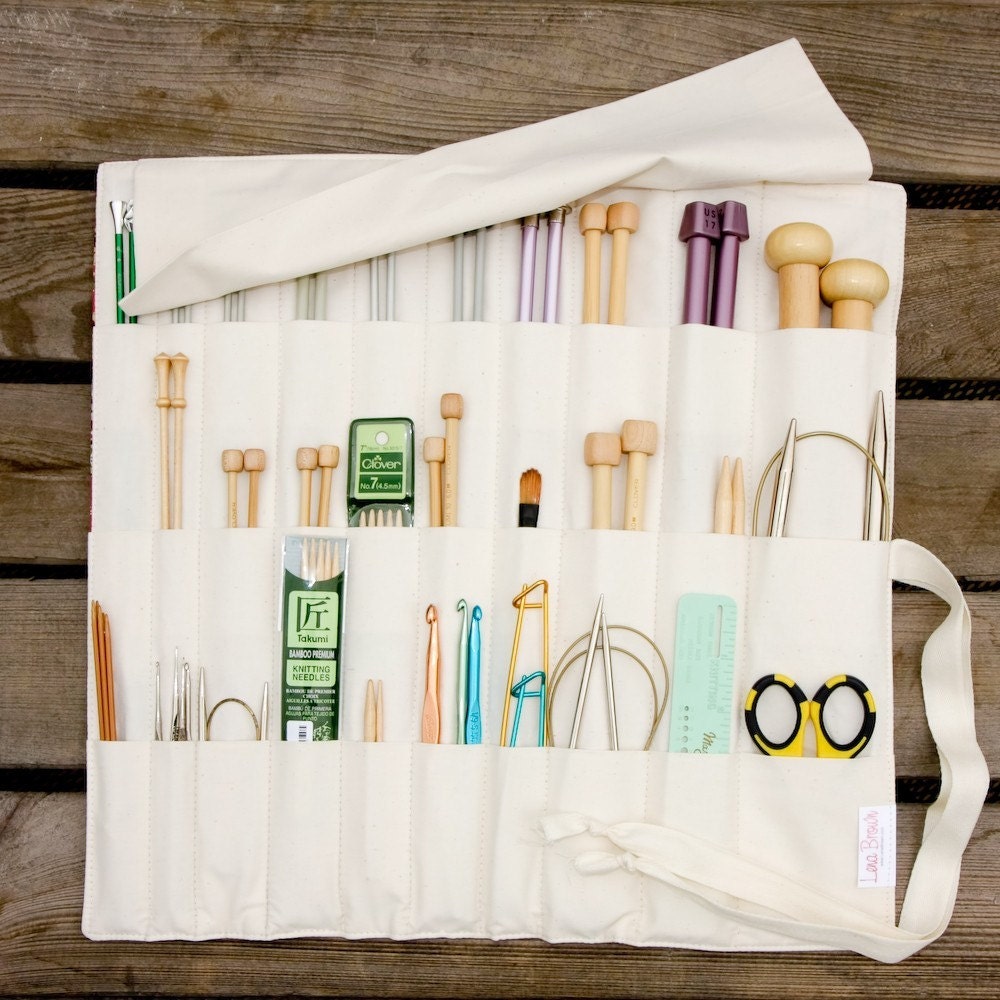 Custom Knitting Needle Case or Art Tool Organizer with Natural Cotton Pockets for all sizes
