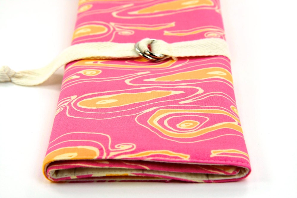 Knitting Needle Case or Art Tool Organizer with Ivory Pockets SHORT Pink Opal Owl