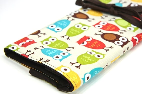 Knitting Needle Case Organizer Large URBAN OWLS 30 brown pockets for all sizes or paint brushes FEATURED in Knit Simple Magazine