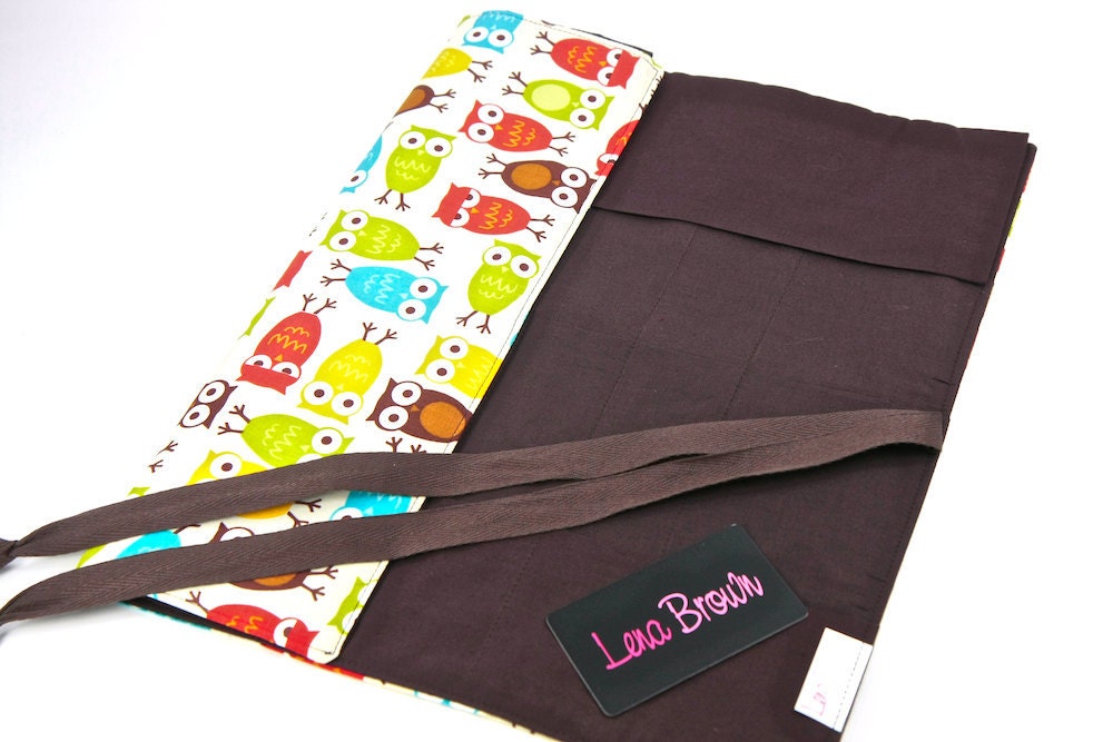 Large - Knitting Needle Case Organizer URBAN OWLS 30 Brown pockets for all sizes or paint brushes FEATURED in Knit Simple Magazine