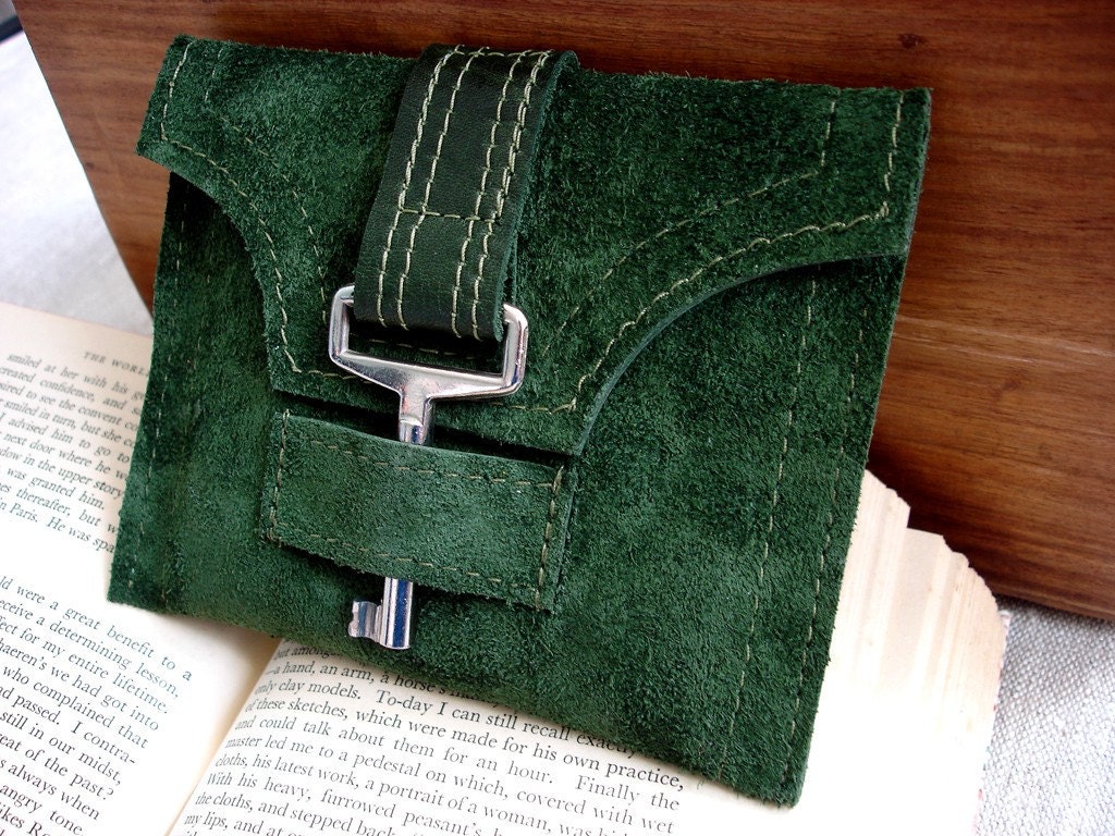 Emerald Green Suede and Leather Wallet with Vintage Key and Snap Closure - MADE TO ORDER