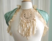 SALE - Crochet Lace Necklace - Boho Dreamcatcher Bib Choker with Shabby Silk Fringe