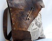 Large Deluxe Boho Leather Messenger Bag with Antique Key and Crochet - Adjustable Buckle Strap - MADE TO ORDER