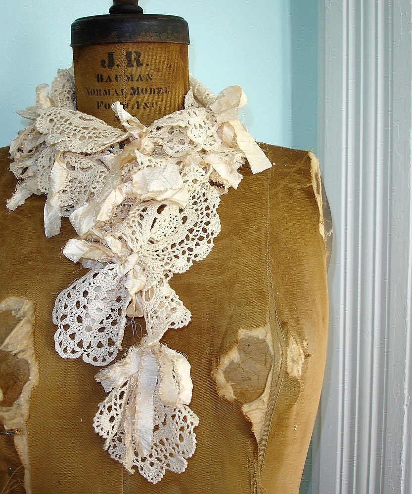 RESERVED FOR whit1990 - Talullah Doily Scarf with Vintage Crochet Lace and Shabby Silk Ribbons ... Ecru