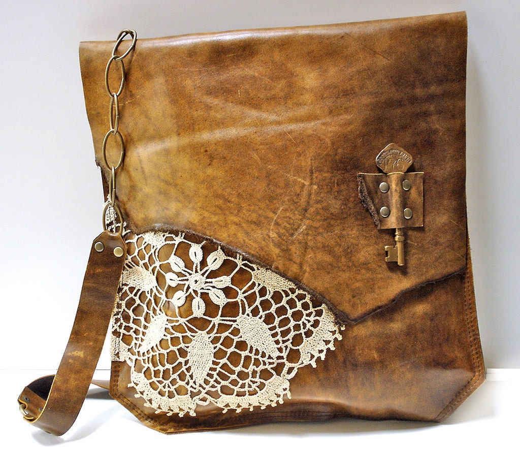 XL Boho Leather Messenger Bag with Crochet Doily and Antique Steamship Key - One Of A Kind