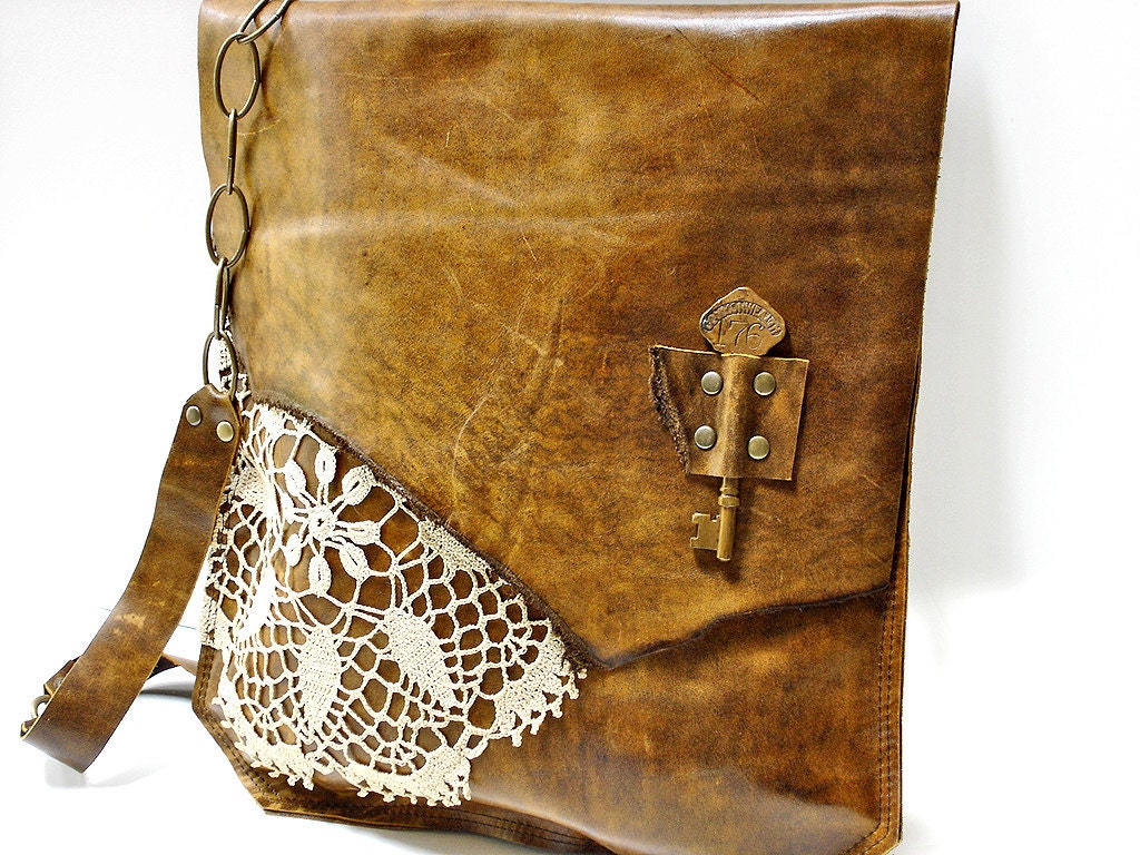 XL Boho Leather Messenger Bag with Crochet Doily and Antique Steamship Key - One Of A Kind