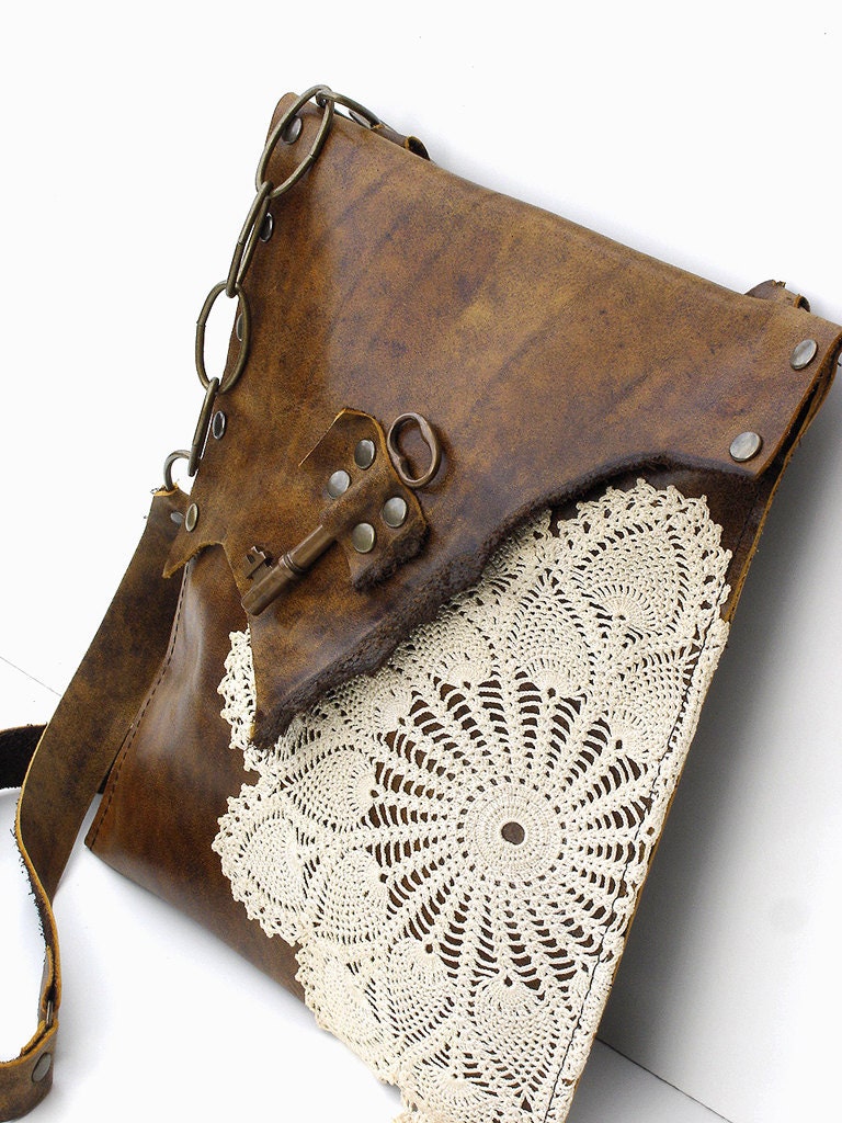 CUSTOM for bebelanezmommie - Boho Leather Messenger Bag with Crochet Doily and Antique Key - Medium Size - One Of A Kind