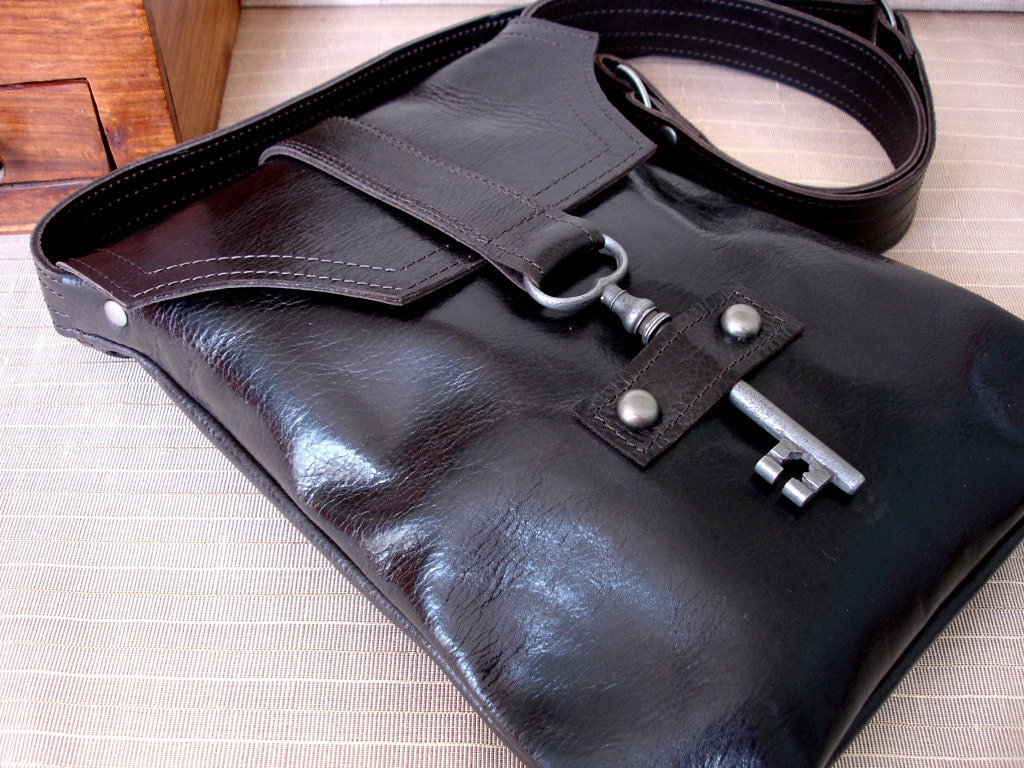 Brown Leather Messenger with Antique Skeleton Key - Espresso Steampunk Flat Style - MADE TO ORDER