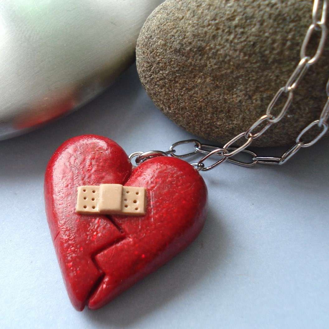 Customize Your Initials or Date Broken Heart Necklace with Bandaid