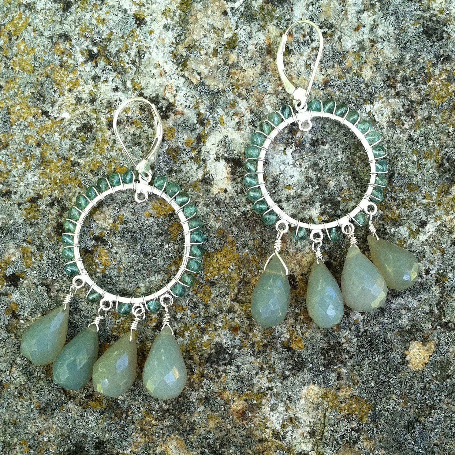 Aquamarine and chalcedony chandelier earrings