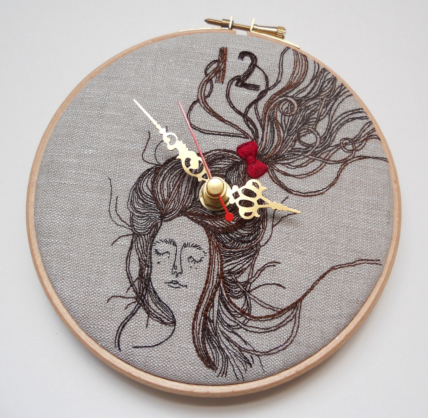 Persinette - Clock - Embroidered Linen Folk Wall Clock - Collaboration piece with Heidi Burton