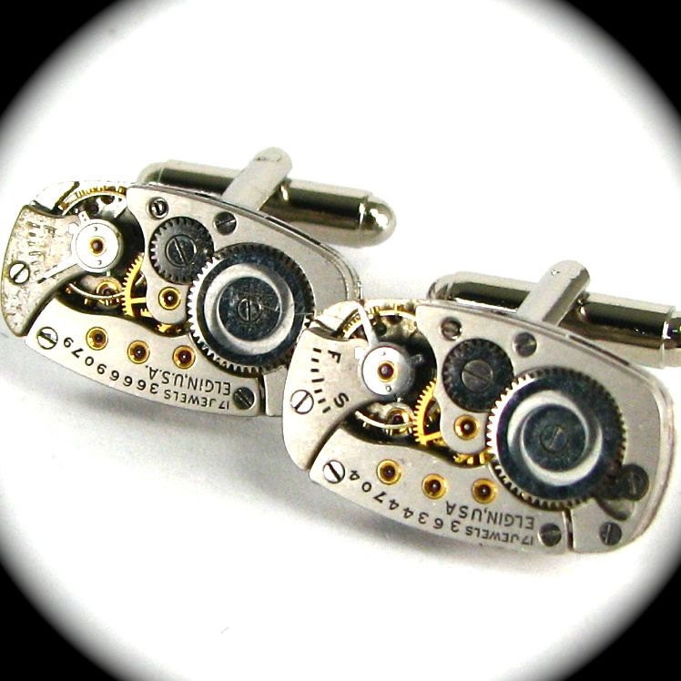 Steampunk Vintage Clockwork Cufflinks with Ruby Jewels and GOLD Bezels Perfectly Matched ELGIN Oval Cuff Links