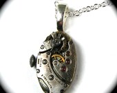 Steampunk Necklace - Vintage Watch Movement Pendant with REAL Ruby Jewels Sleek Stylish UNIQUE Shape by Nouveau Motley