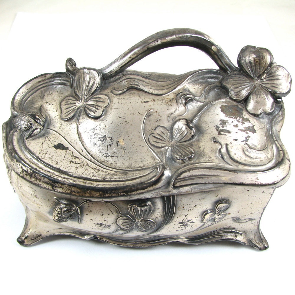 Medium Sized Silver Art Nouveau Trinket Box - Clover Motif - Think of Me - Signed- CIRCA 1910
