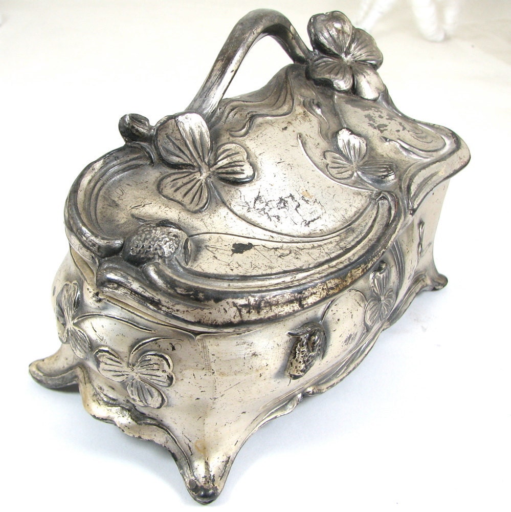 Medium Sized Silver Art Nouveau Trinket Box - Clover Motif - Think of Me - Signed- CIRCA 1910
