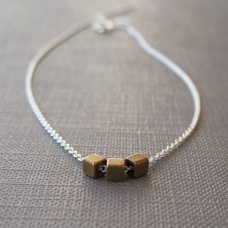 Brass Cubes Sterling Silver Necklace Simple Modern Metal Handmade Jewelry