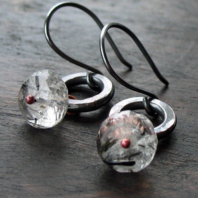 Carbon Earrings Rutilated Quartz Gemstones Oxidized Copper Black Handmade Jewelry