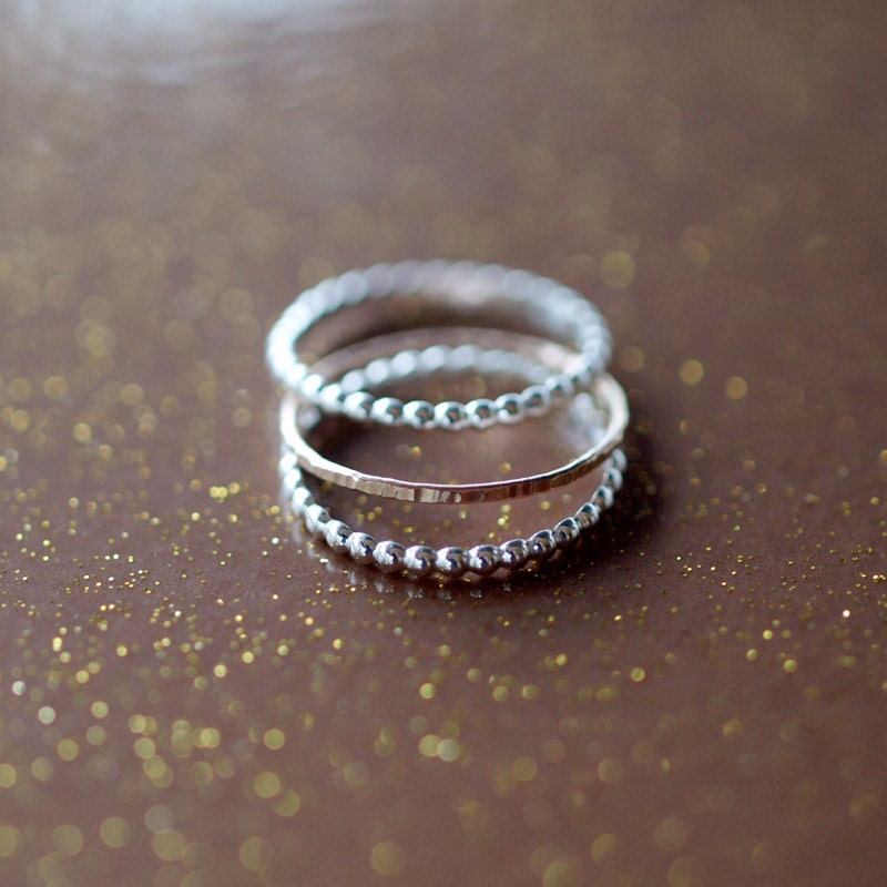 Sterling Silver Dotted 14k Yellow Gold Hammered Stacking Ring Band Set Recycled Gold Ethical Mixed Metal Handmade Jewelry