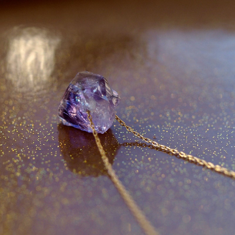Raw Amethyst and Gold Necklace Rough Gemstone Crystal Handmade Jewelry