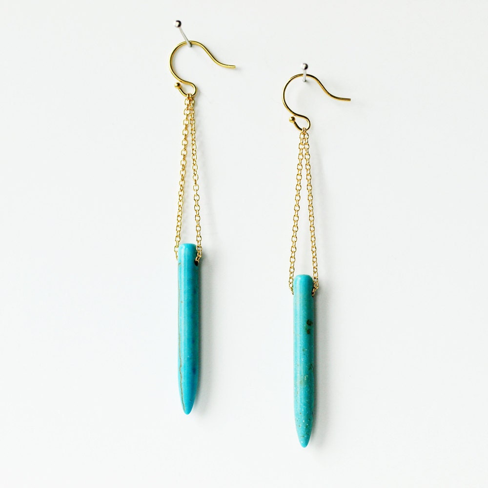 Turquoise Howlite Spear Earrings Boho Long Dangle Gold Southwestern Jewelry