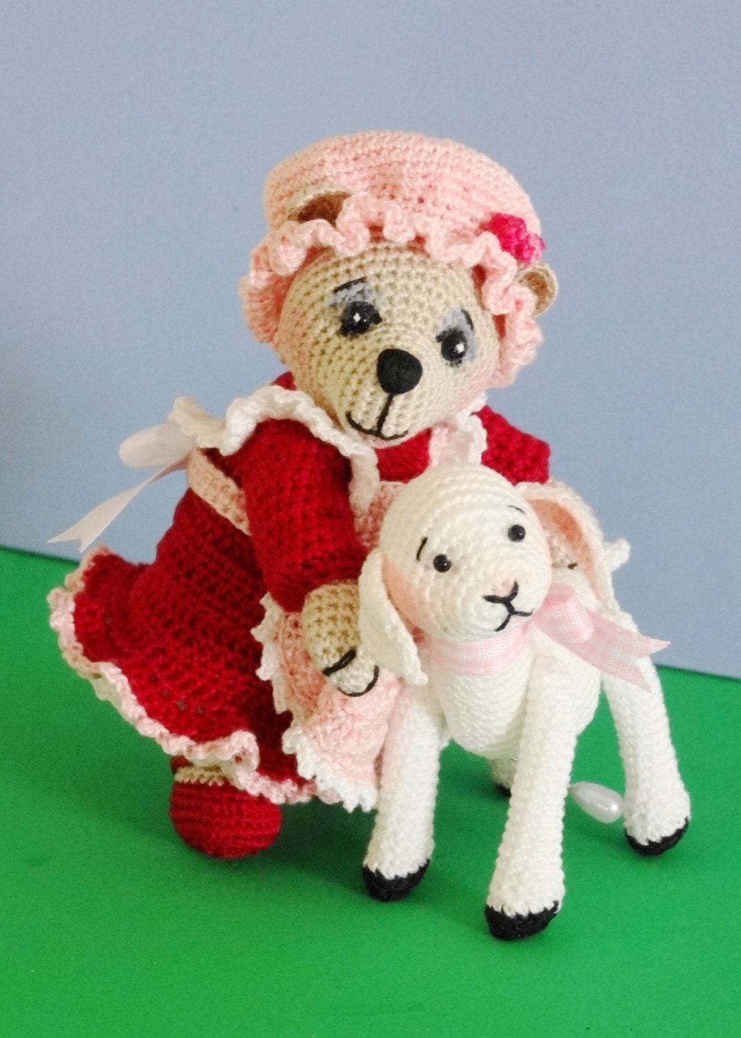 Crochet Pattern, Miniature Amigurumi Dressed Bear and Crocheted Lamb Doll, Direct Download