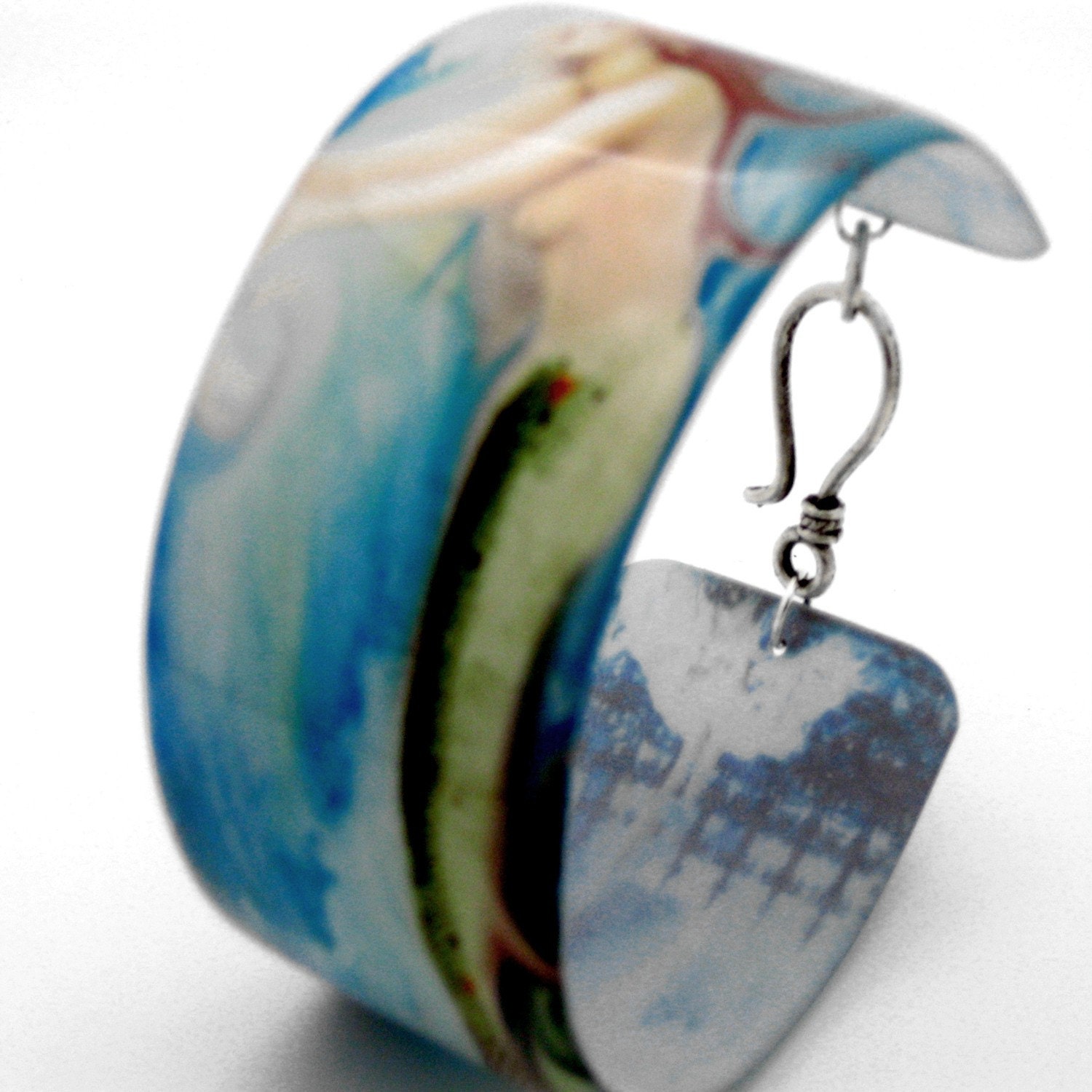 Resin art cuff bangle bracelet - Aqua mermaid vintage folklore