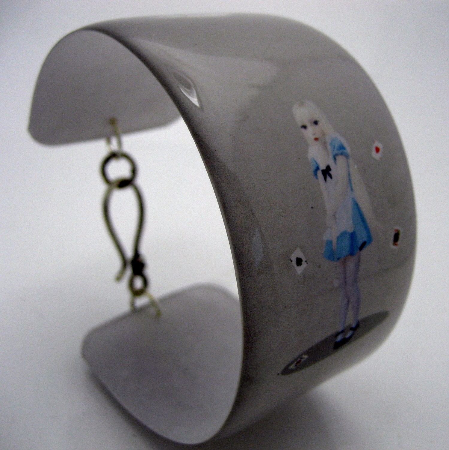 Resin art cuff bangle bracelet - ALICE on gray featuring art by HarrietsImagination