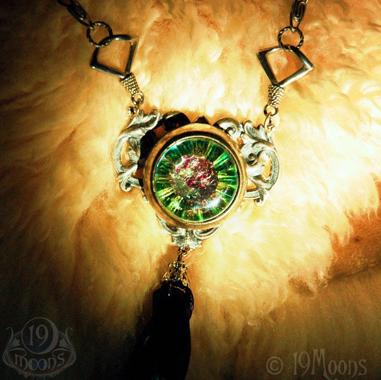 Steampunk Gothic Necklace EYE of CTHULHU by 19 Moons - Vintage Huge Glass Eye on Silver with Iridescent Dangles- Stunning Sea Monster OOAK