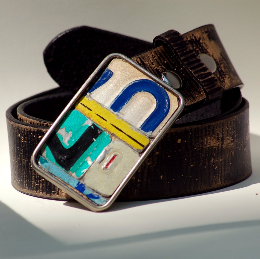 Metal Mosaic Belt Buckle Vintage License Plate