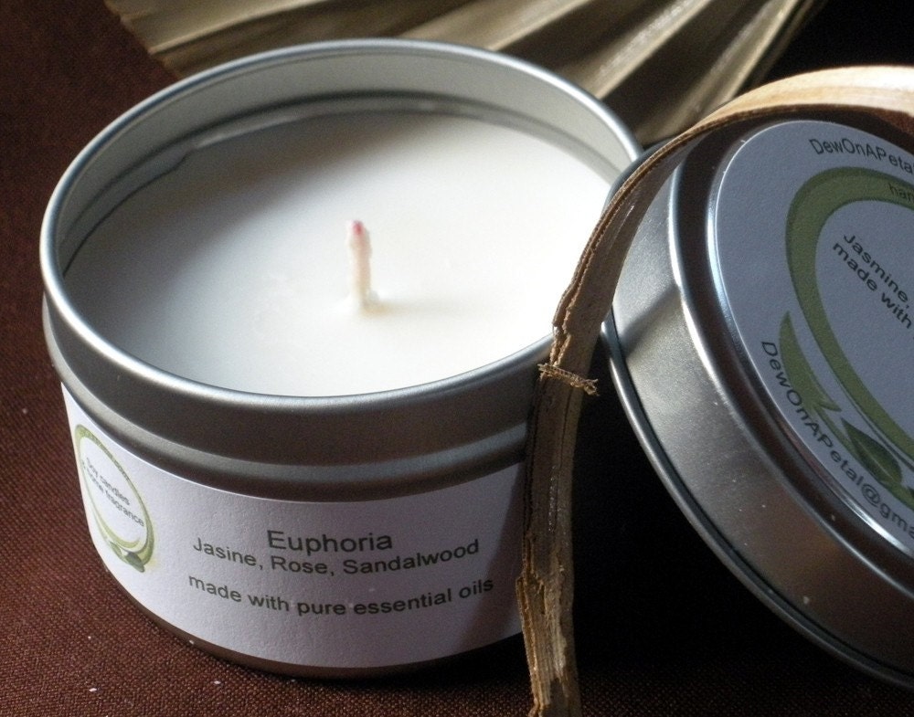 Jasmine, Rose & Sandalwood Essential Oil blend, Soy Travel Tin Candle 6 oz