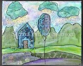 SALE blue house 5 - 8x10 original painting and collage on canvas