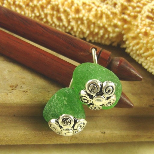 Genuine Sea Glass and Rosewood Hair Sticks Kelly Emerald Green