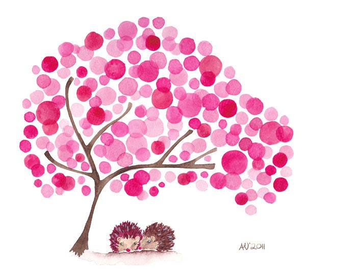 Hedgehogs Watercolor Tree Art Print Valentines Artwork