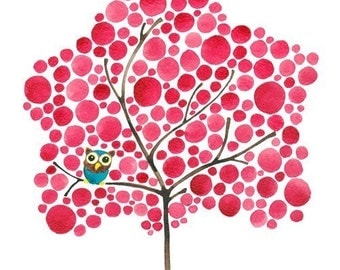 Watercolor Tree Art Owl in Red Maple Print Perfect for Nursery Office and Kitchen