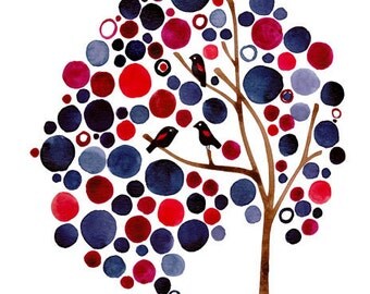 Watercolour Landscape Blackbirds Watercolour Art Print Wall Decor Artwork Navy and Red