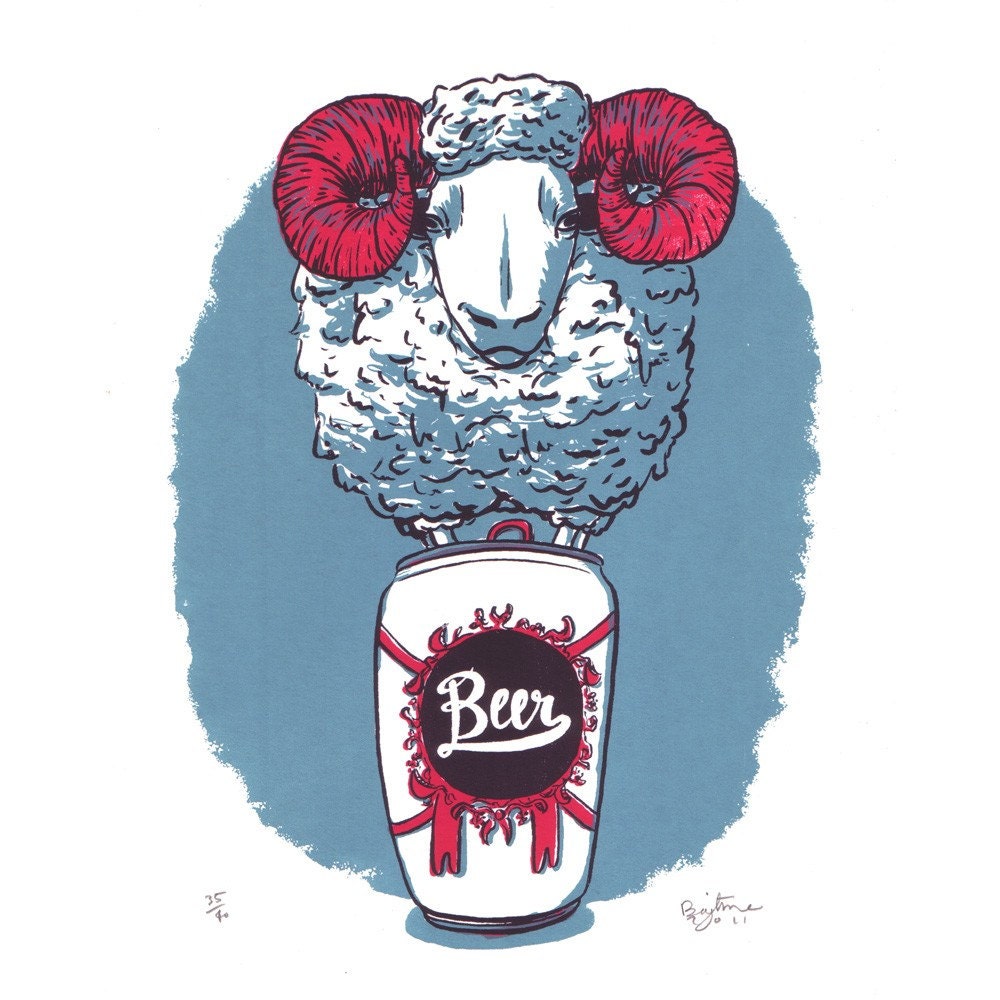 Spirit Animal - Beer Ram Sheep Screenprinted Art Print