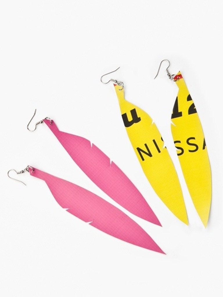 earrings . long feather . recycled billboard banner in chartreuse OR fushia