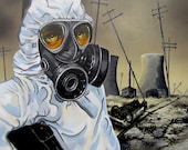 RW2 SHOWER CURTAIN Environmental Art Apocolyptic gas mask zombie grey brown yellow biege Surreal 2012 nature