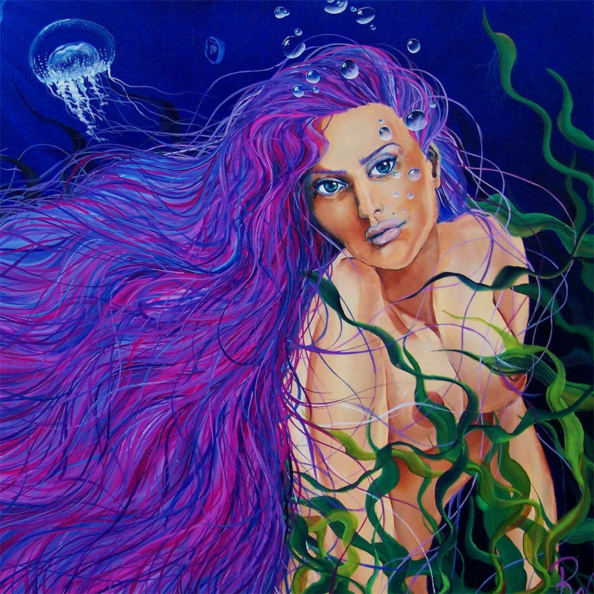 RW2 SHOWER CURTAIN Art mermaid blue purple fantasy pink green bubbles jellyfish nude Rackhell