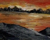 Orange Sunset, River, Water, Landscape, Original Painting, ACEO, Winjimir, Fine Art, Impressionism, Art Card, Clouds,